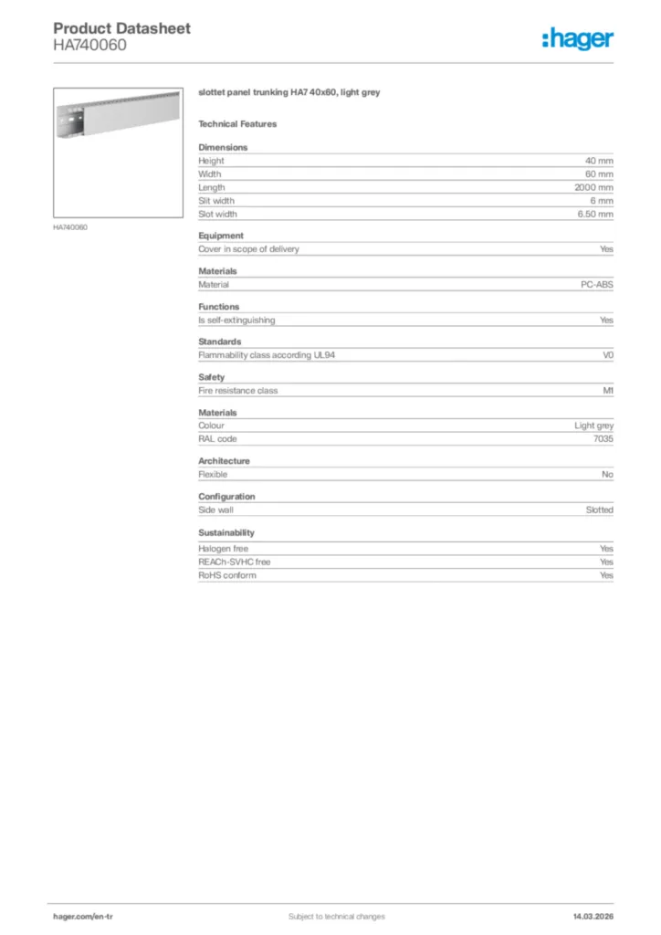 Image Hager Product data sheet HA740060  | Hager
