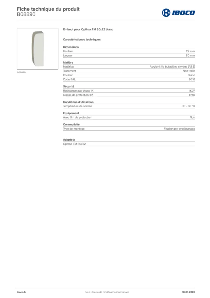 Image Iboco Fiche technique du produit B08890 | Hager France