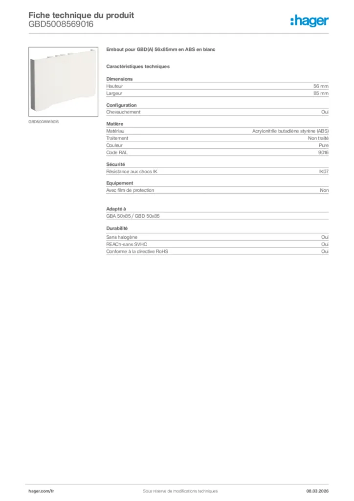 Image Hager Fiche technique du produit GBD5008569016 | Hager France