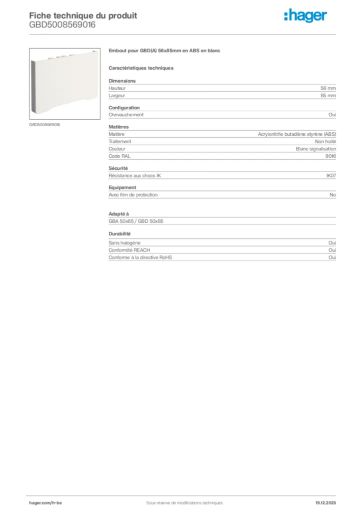 Image Hager Fiche technique du produit GBD5008569016 | Hager Belgique