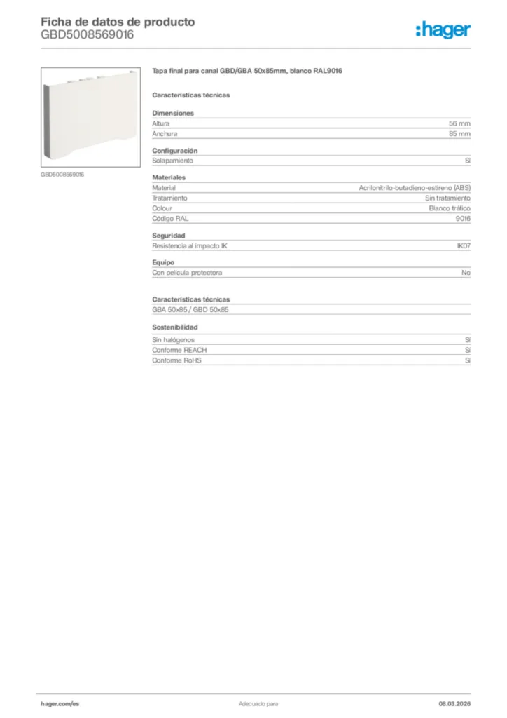 Imagen Hager Ficha de datos de producto GBD5008569016 | Hager España