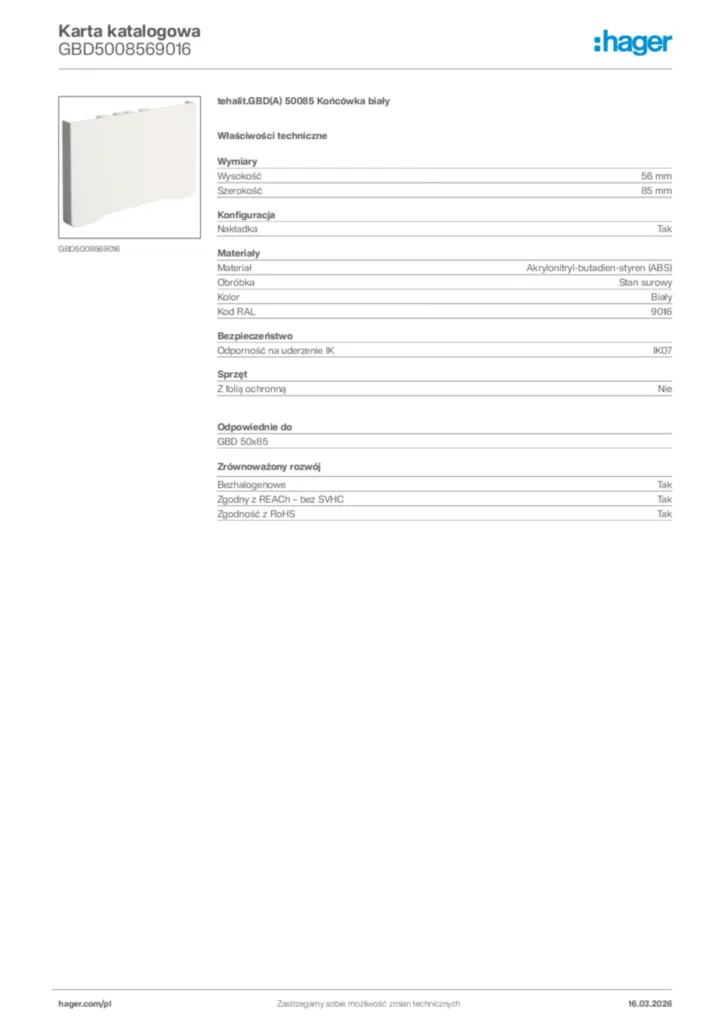 Zdjęcie Hager Karta katalogowa GBD5008569016 | Hager Polska