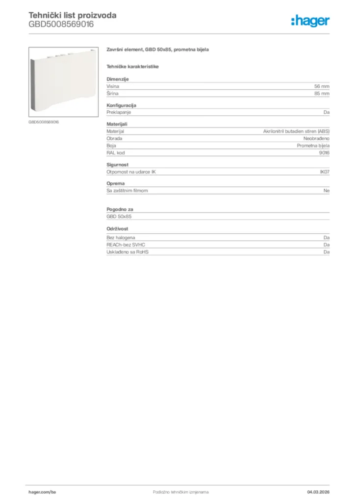 Slika Hager Tehnički list proizvoda GBD5008569016  | Hager