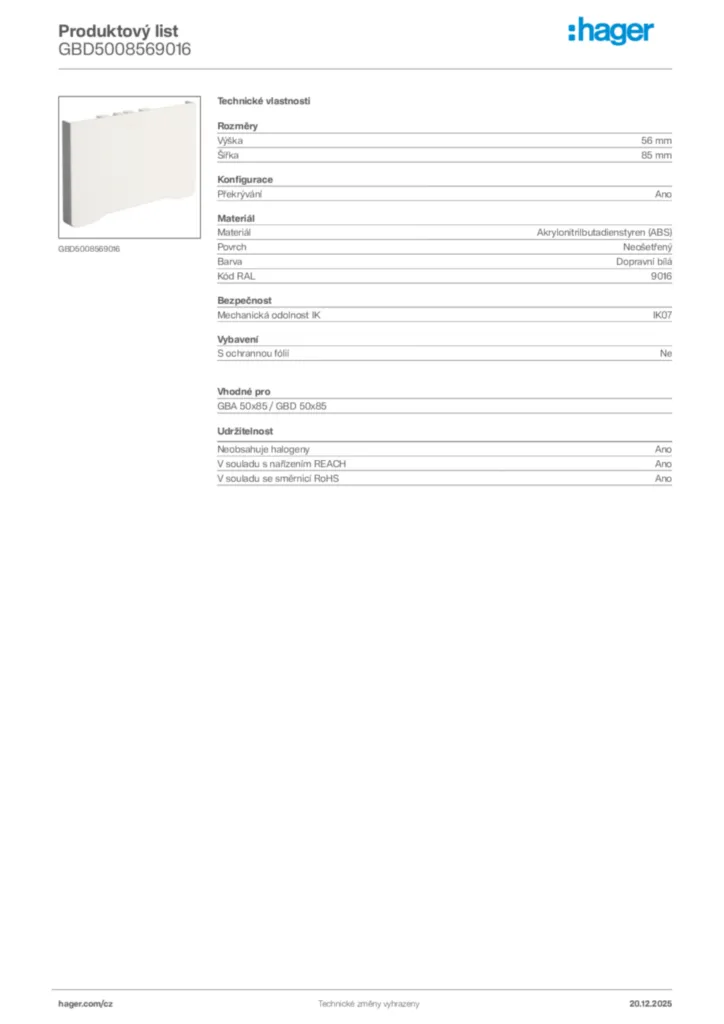 Obrázek Hager Produktový list GBD5008569016 | Hager