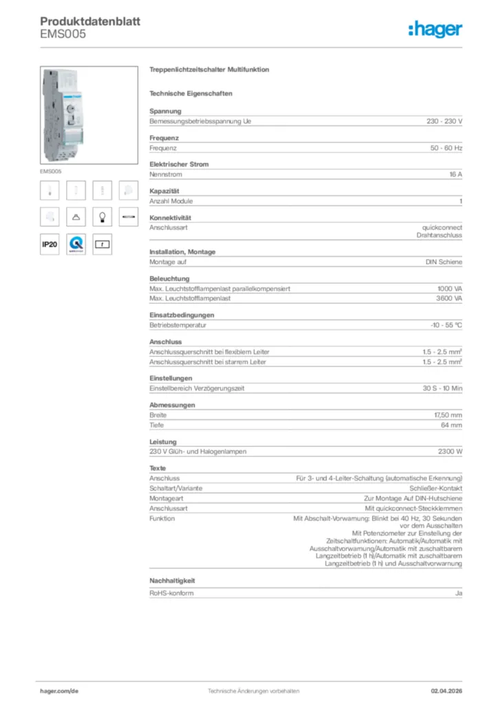 Bild Hager Produktdatenblatt EMS005 | Hager Deutschland