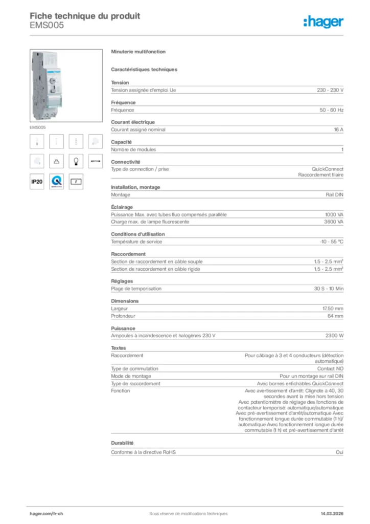 Image Hager Fiche technique du produit EMS005 | Hager Suisse