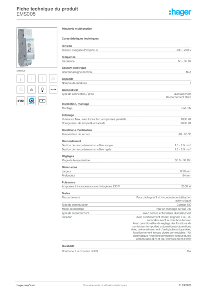 Image Hager Fiche technique du produit EMS005 | Hager Suisse