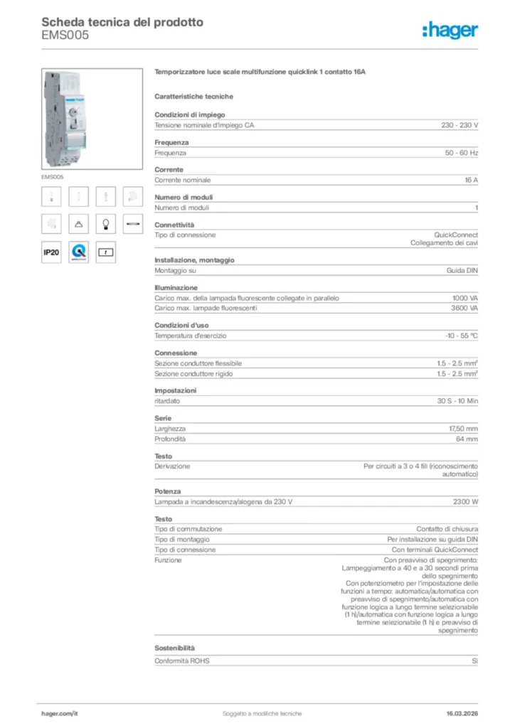 Immagine Hager Scheda tecnica del prodotto EMS005 | Hager Italia