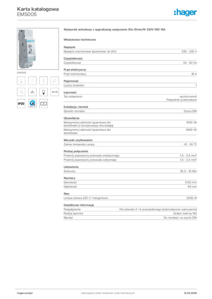 Zdjęcie Hager Karta katalogowa EMS005 | Hager Polska
