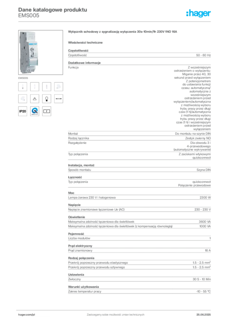 Zdjęcie Hager Karta katalogowa EMS005 | Hager Polska