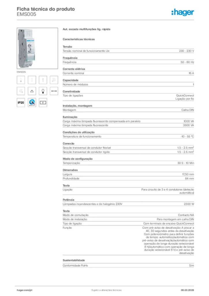 Imagem Hager Ficha técnica do produto EMS005 | Hager Portugal