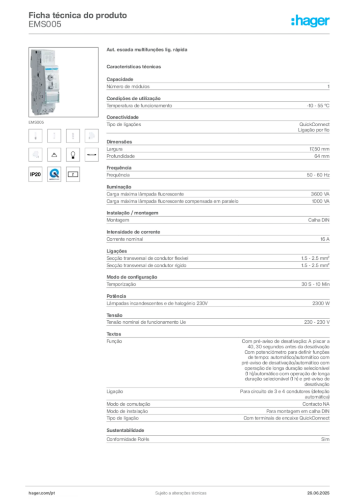 Imagem Hager Ficha técnica do produto EMS005 | Hager Portugal