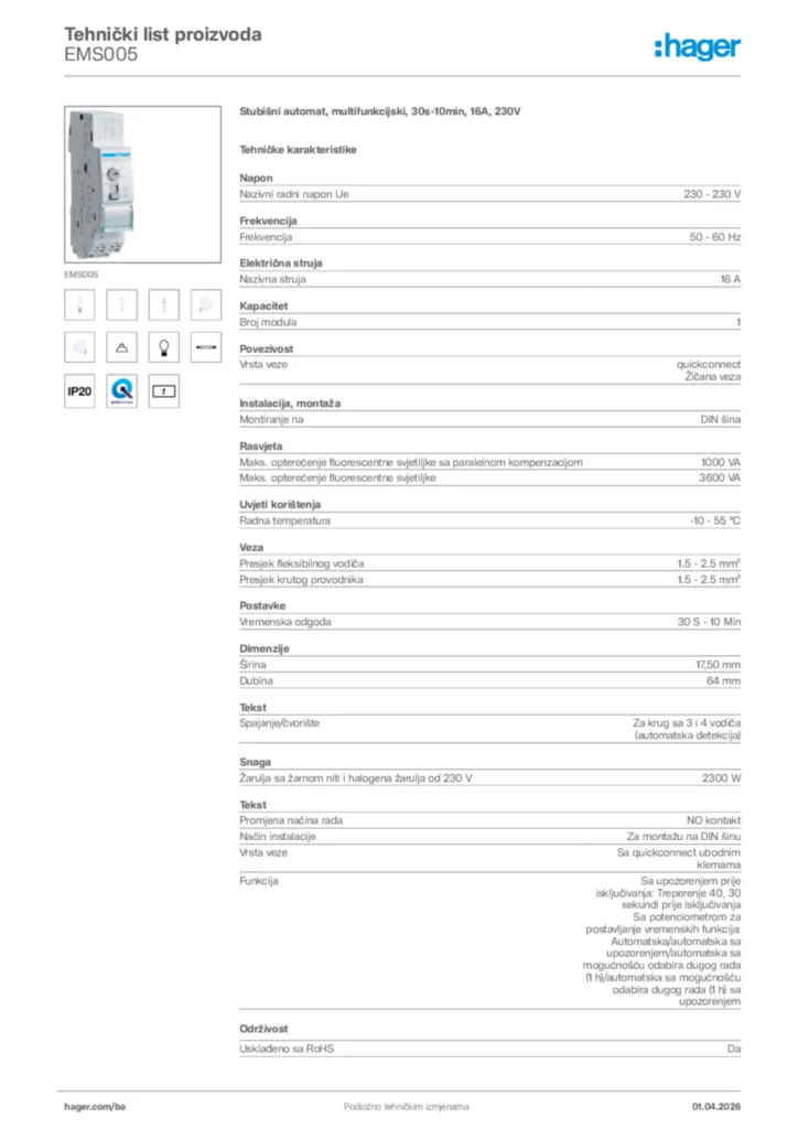Slika Hager Tehnički list proizvoda EMS005  | Hager