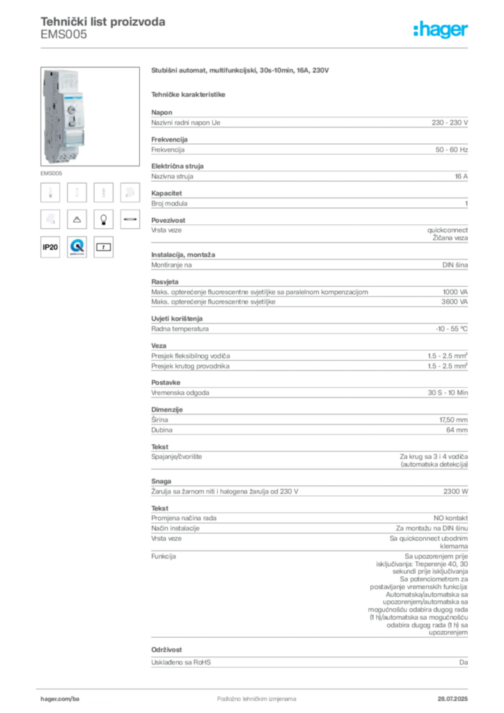 Slika Hager Product data sheet EMS005  | Hager