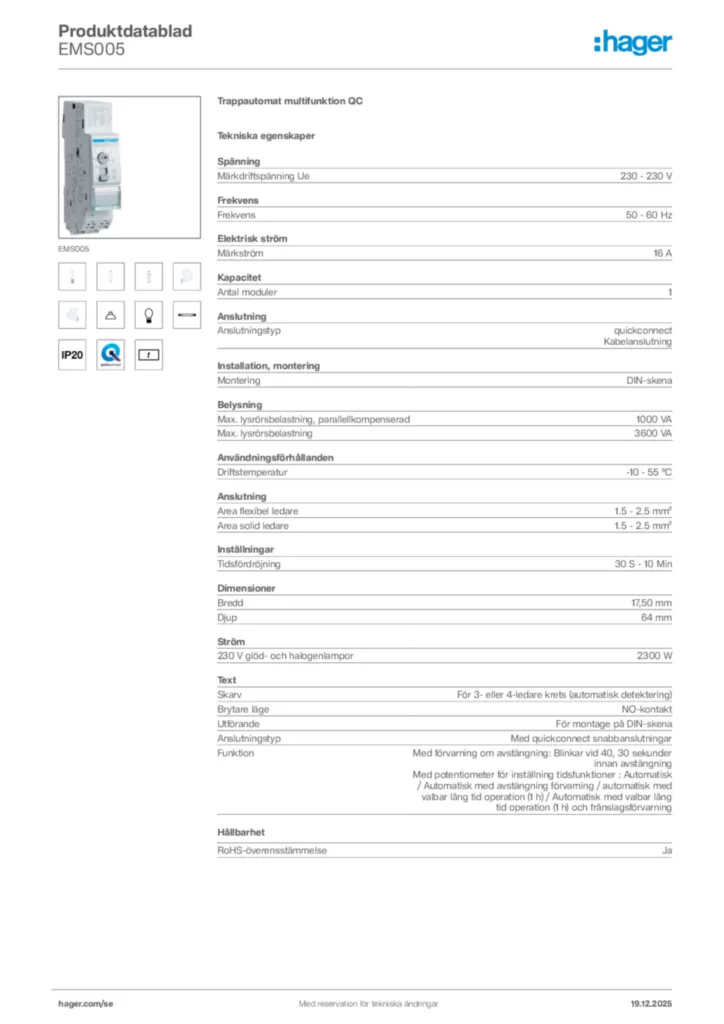 Bild Hager Produktdatablad EMS005 | Hager Sverige