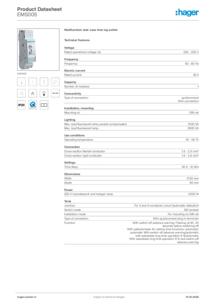 Image Hager Product data sheet EMS005  | Hager