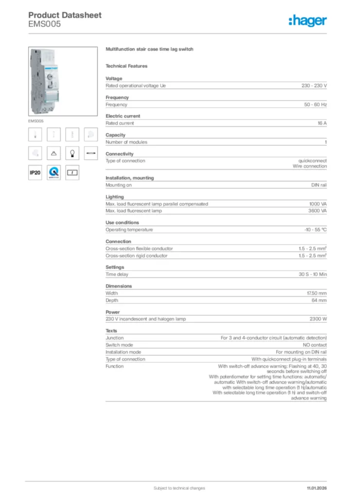 Image Hager Product data sheet EMS005  | Hager