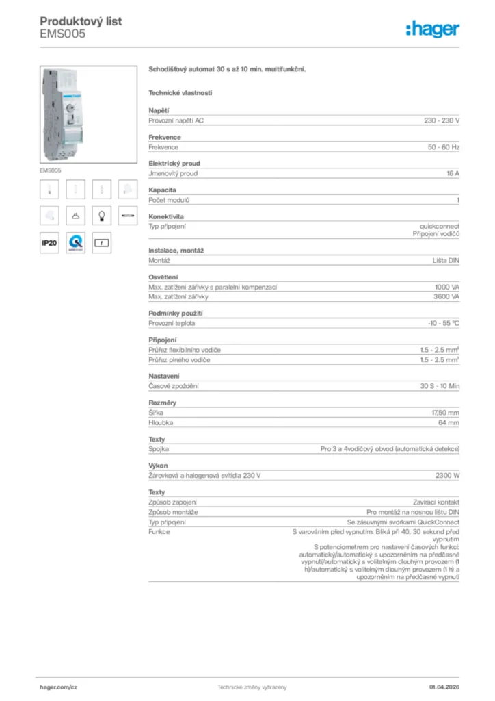 Obrázek Hager Product data sheet EMS005 | Hager