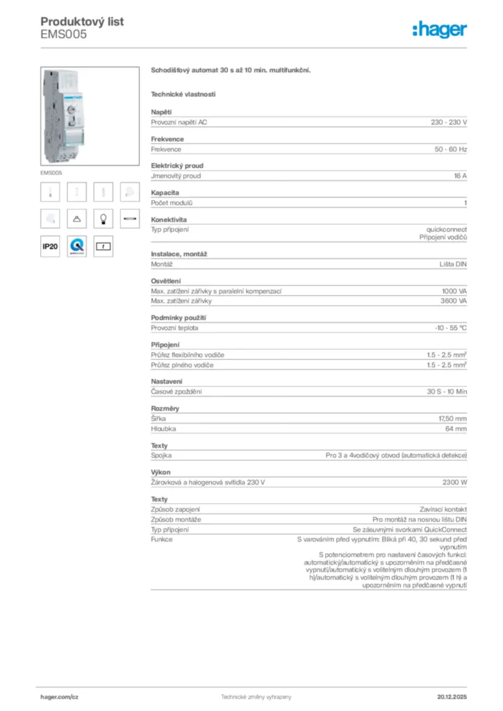 Obrázek Hager Produktový list EMS005 | Hager
