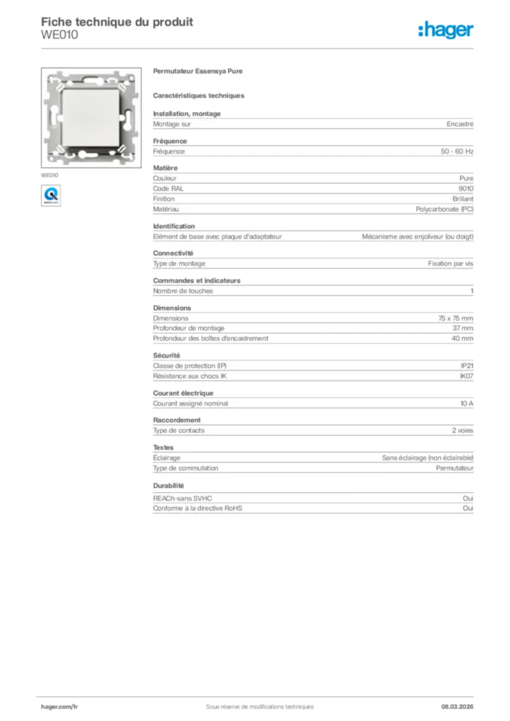 Image Hager Fiche technique du produit WE010 | Hager France