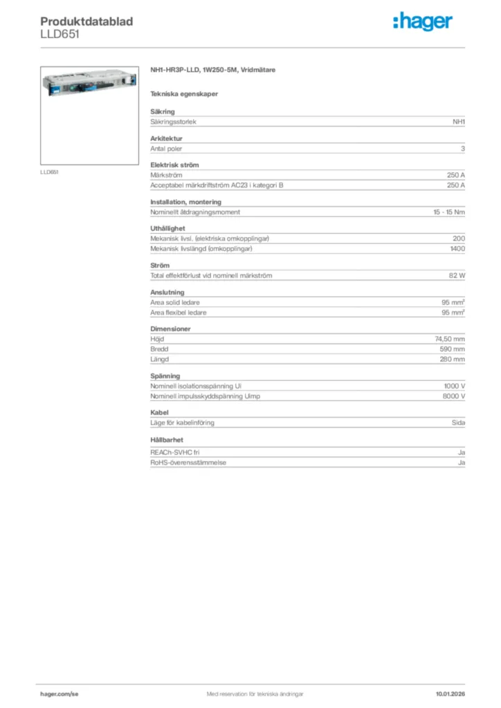 Bild Hager Produktdatablad LLD651 | Hager Sverige
