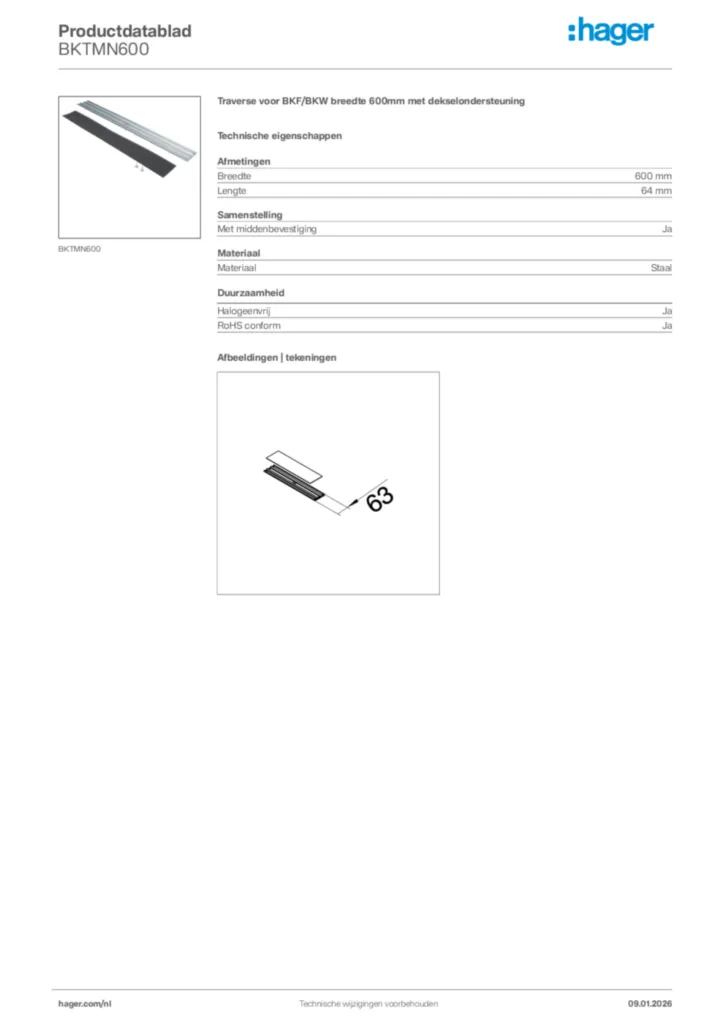 Afbeelding Hager Productdatablad BKTMN600 | Hager Nederland