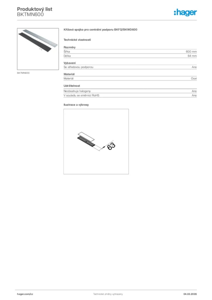 Obrázek Hager Product data sheet BKTMN600 | Hager