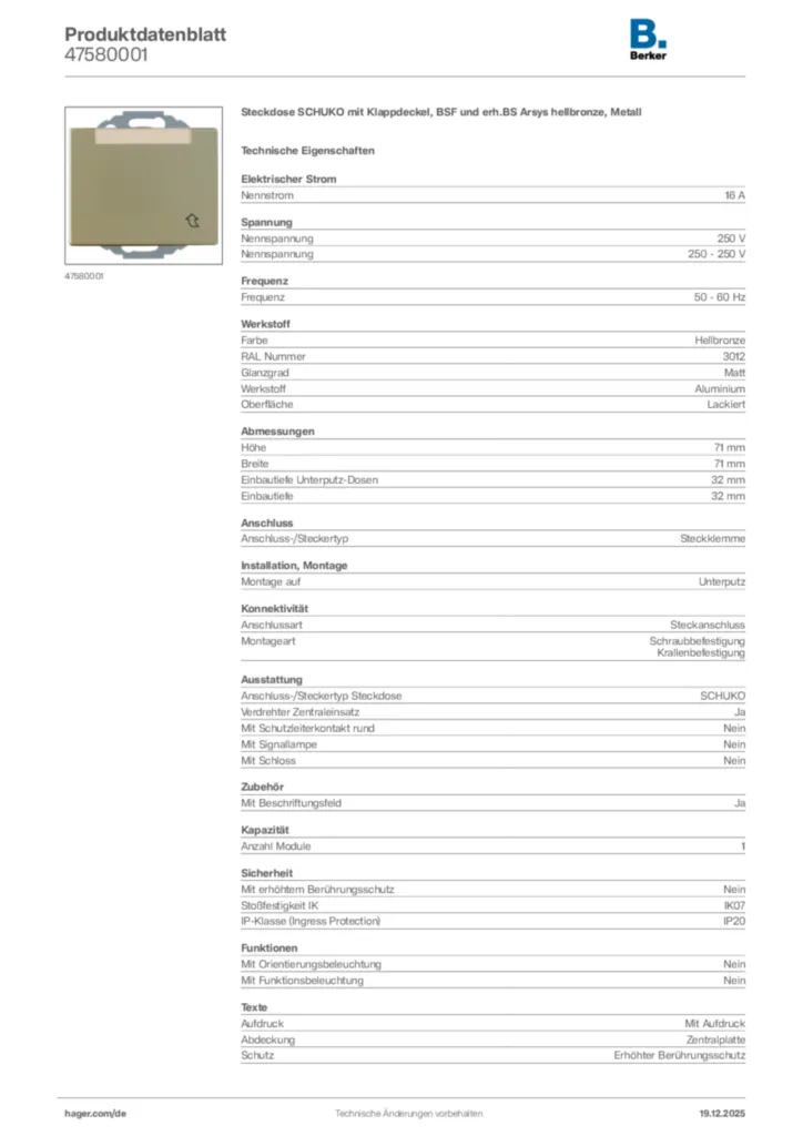 Bild Berker Produktdatenblatt 47580001 | Hager Deutschland