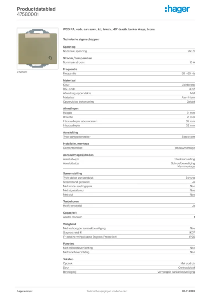 Afbeelding Hager Productdatablad 47580001 | Hager Nederland