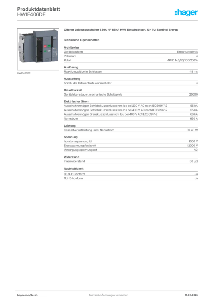 Bild Hager Produktdatenblatt HW1E406DE | Hager Schweiz