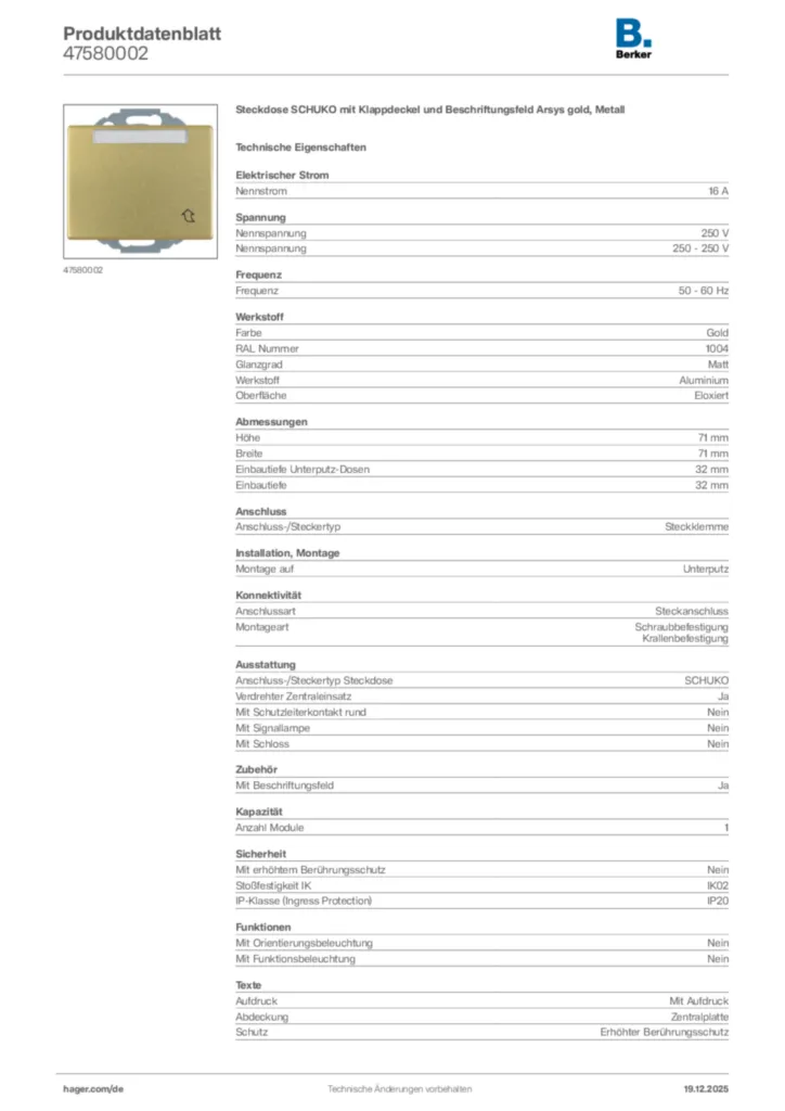 Bild Berker Produktdatenblatt 47580002 | Hager Deutschland