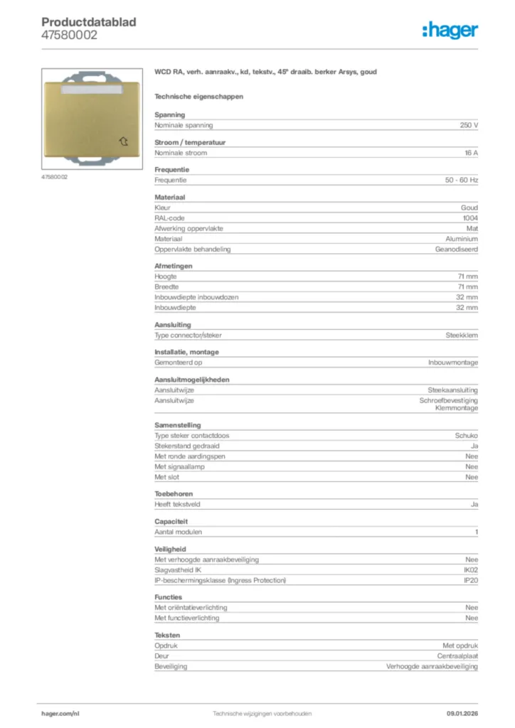 Afbeelding Hager Productdatablad 47580002 | Hager Nederland