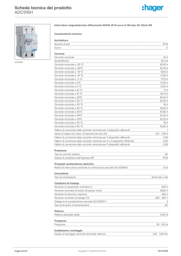 Immagine Hager Scheda tecnica del prodotto ADC916H | Hager Italia