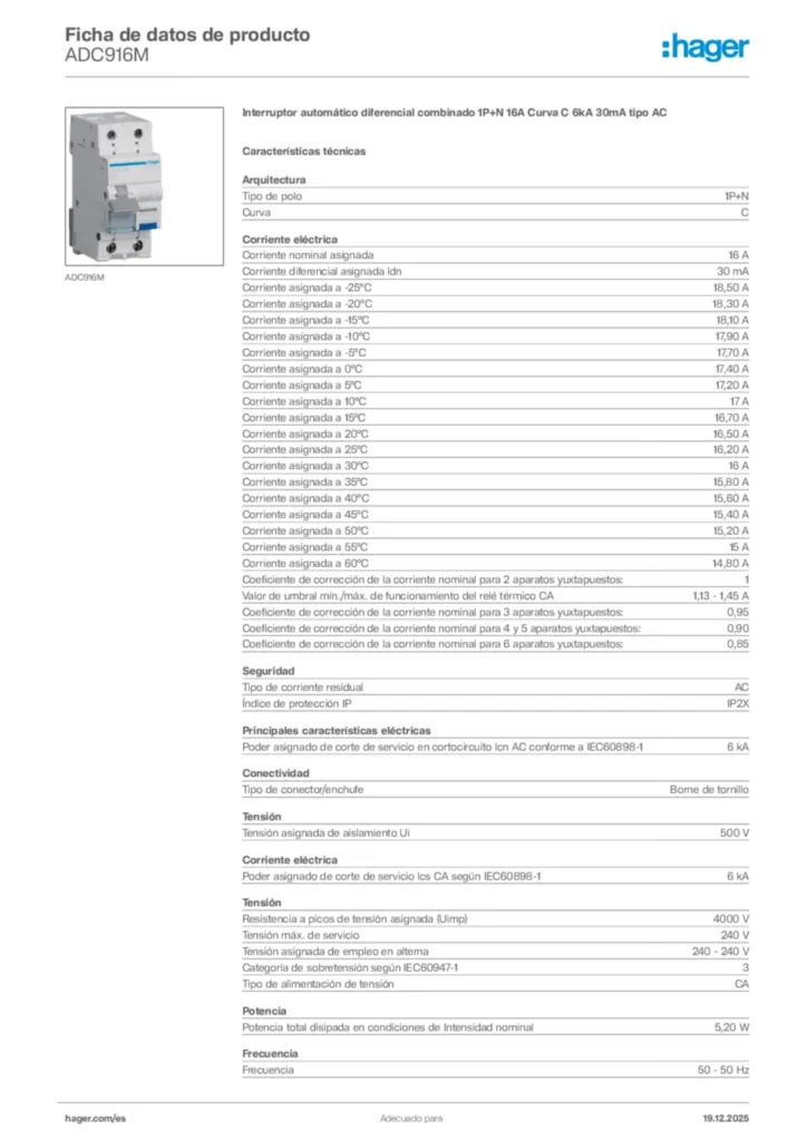 Imagen Hager Ficha de datos de producto ADC916M | Hager España
