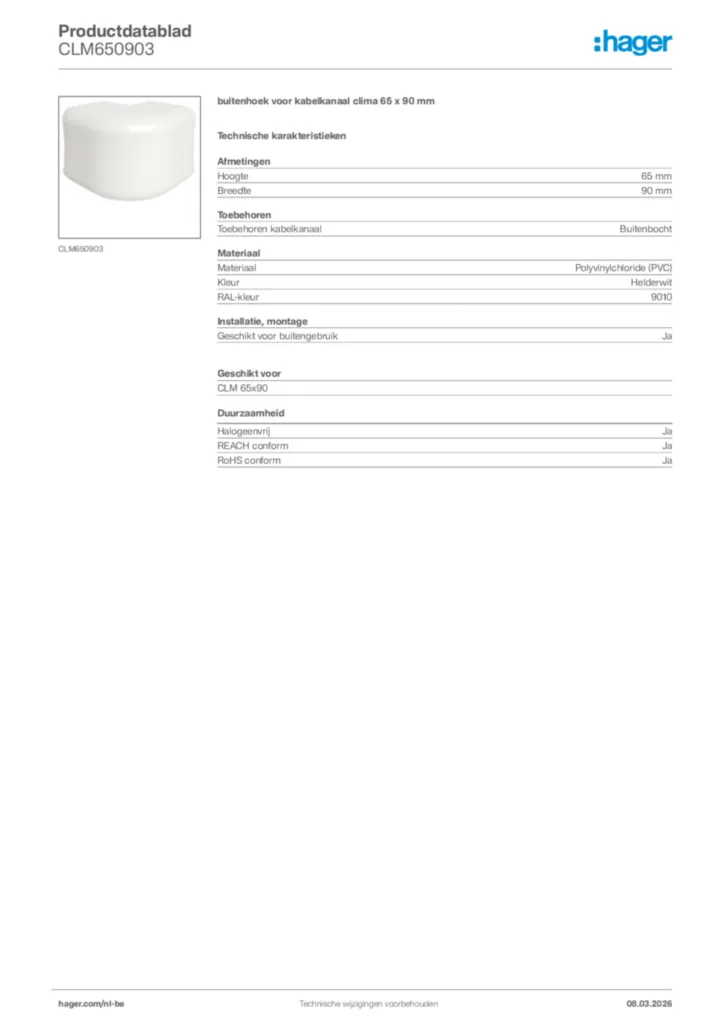 Afbeelding Hager Productdatablad CLM650903 | Hager Belgium