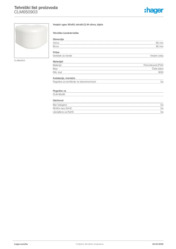 Slika Hager Tehnički list proizvoda CLM650903  | Hager