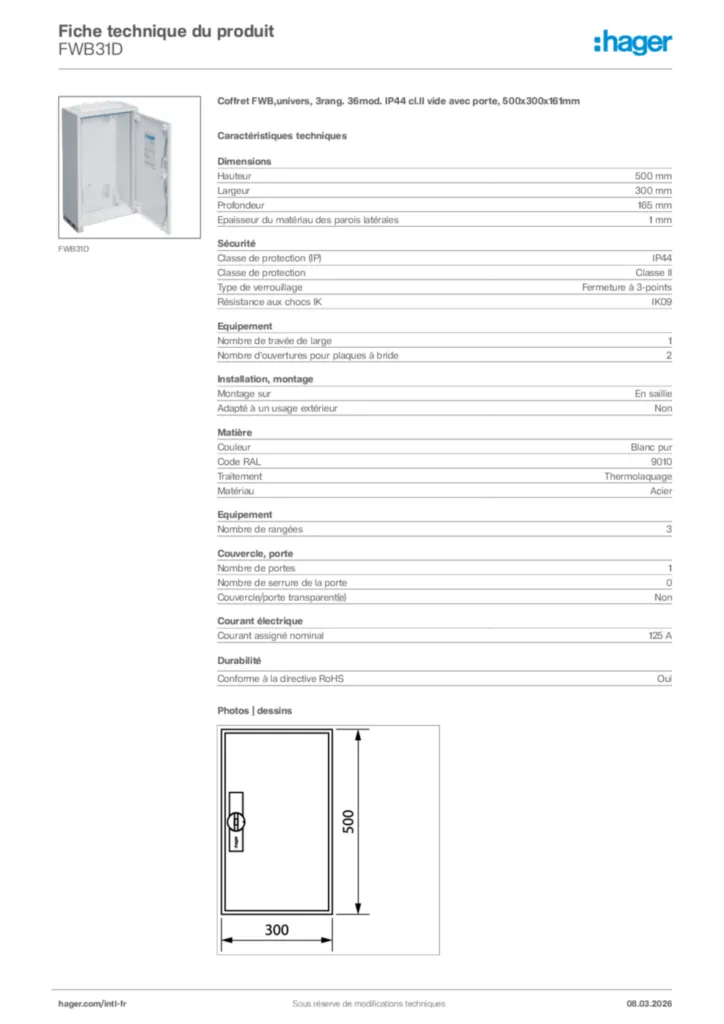 Image Hager Fiche technique du produit FWB31D | Hager Afrique