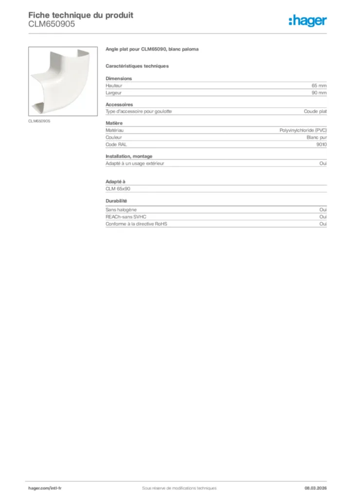 Image Hager Fiche technique du produit CLM650905 | Hager Afrique