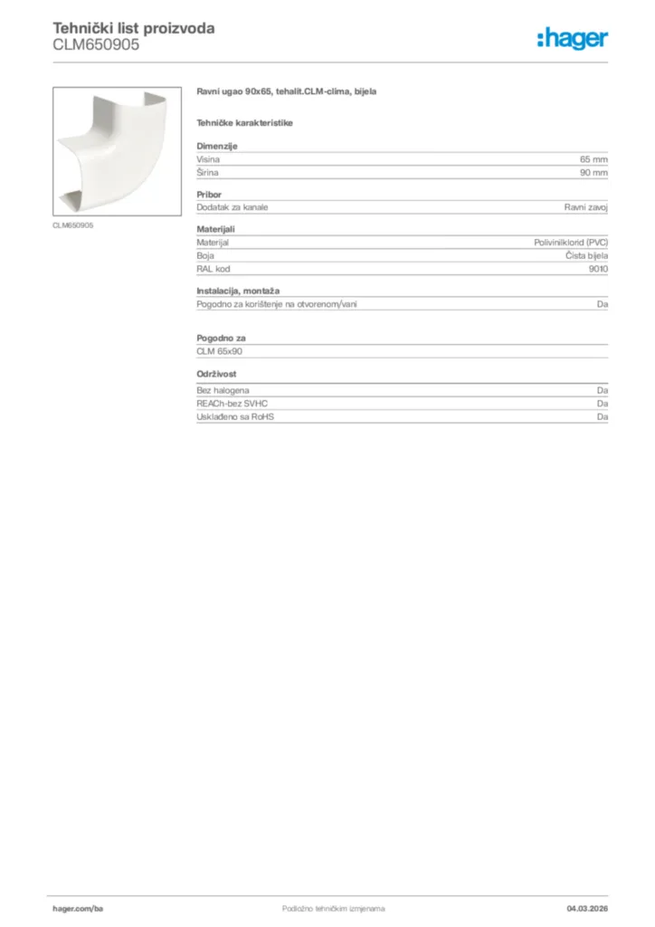 Slika Hager Tehnički list proizvoda CLM650905  | Hager