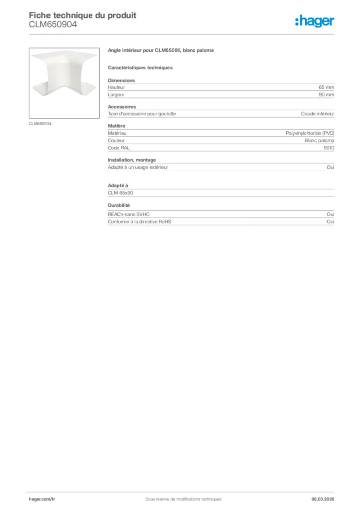 Image Hager Fiche technique du produit CLM650904 | Hager France