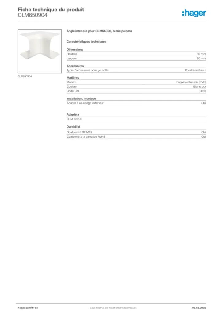 Image Hager Fiche technique du produit CLM650904 | Hager Belgique