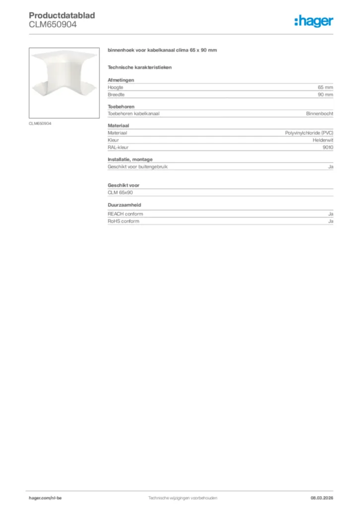 Afbeelding Hager Productdatablad CLM650904 | Hager Belgium