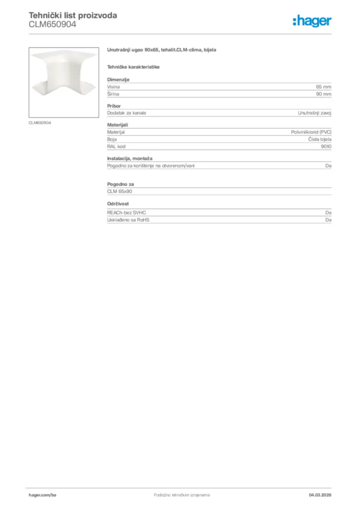 Slika Hager Tehnički list proizvoda CLM650904  | Hager