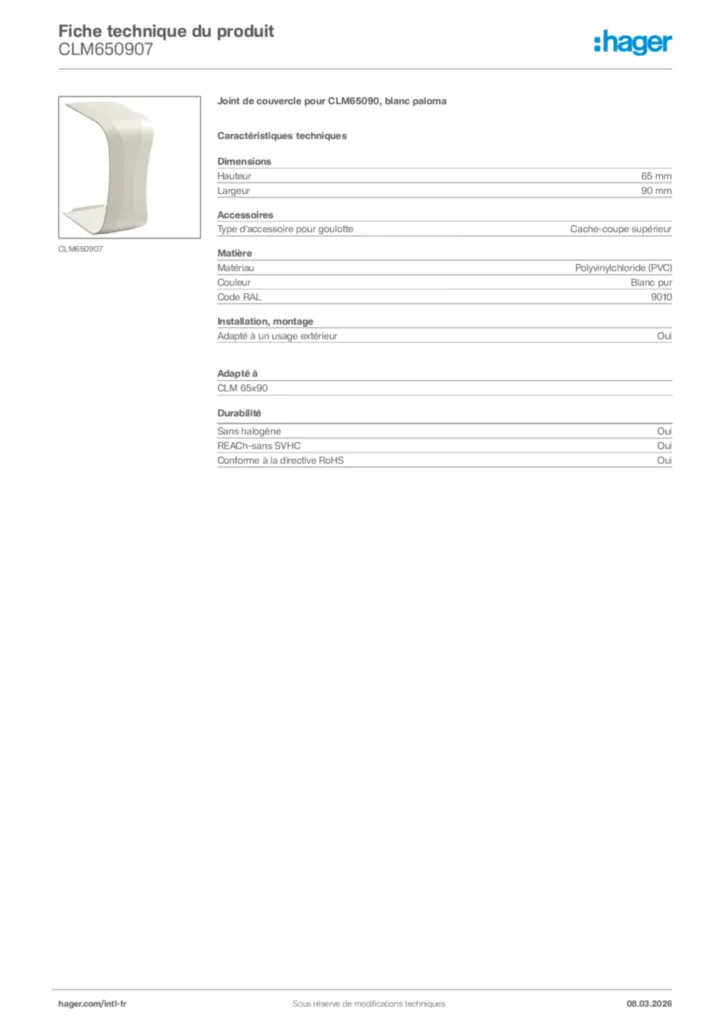 Image Hager Fiche technique du produit CLM650907 | Hager Afrique