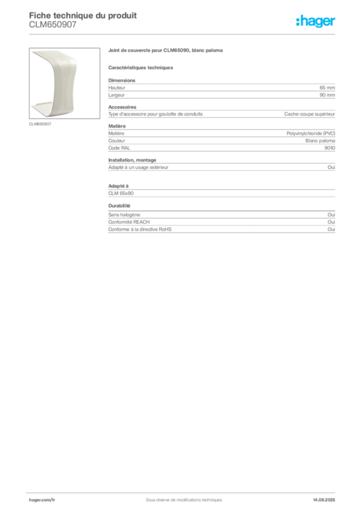 Image Hager Fiche technique du produit CLM650907 | Hager France