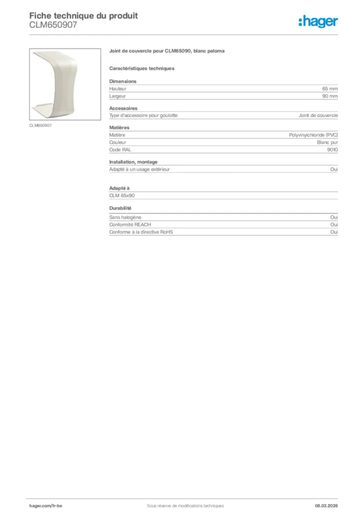 Image Hager Fiche technique du produit CLM650907 | Hager Belgique