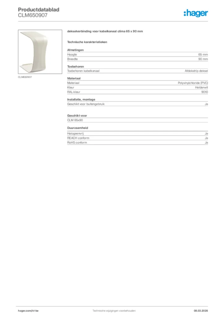 Afbeelding Hager Productdatablad CLM650907 | Hager Belgium