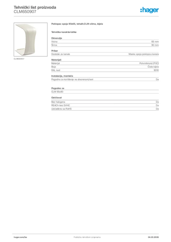 Slika Hager Tehnički list proizvoda CLM650907  | Hager
