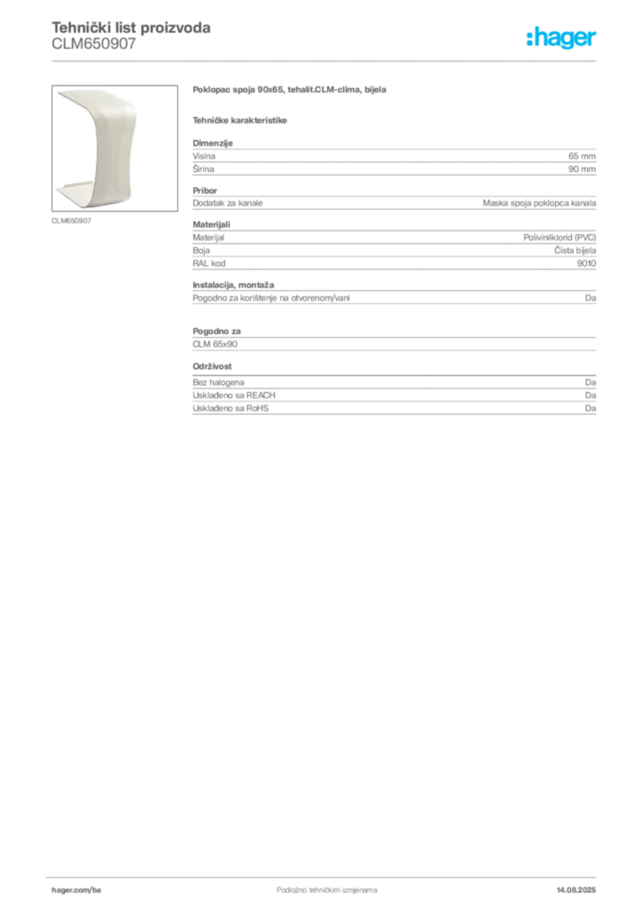 Slika Hager Product data sheet CLM650907  | Hager