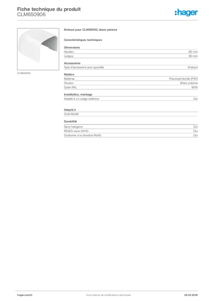 Image Hager Fiche technique du produit CLM650906 | Hager France